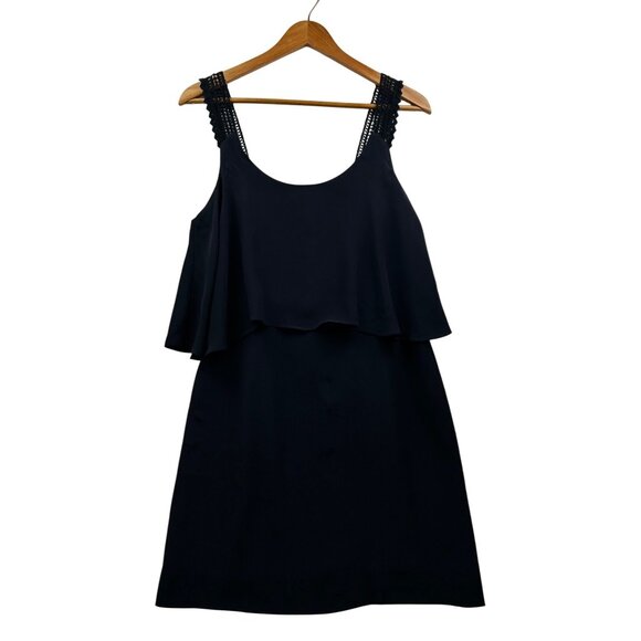 Anthropologie Maeve Navy Blue Crochet Strap Ruffle Overlay Mini Dress - Size 10 - Picture 2 of 10